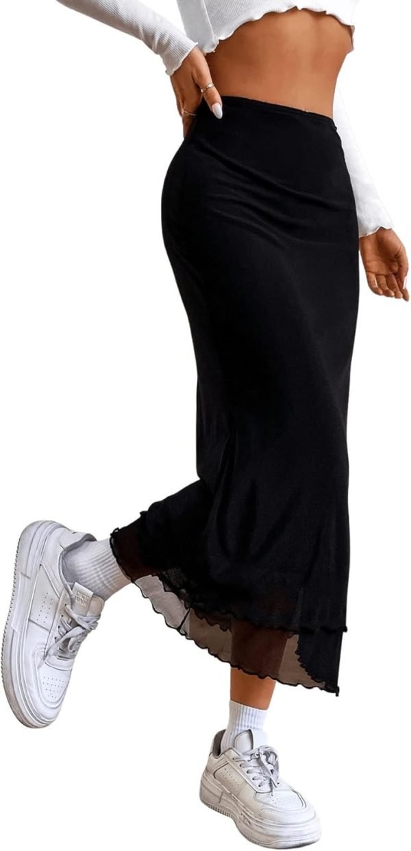 Saonta  Women's Lettuce Trim High Waist Mesh Fishtail Bodycon Long Skirt