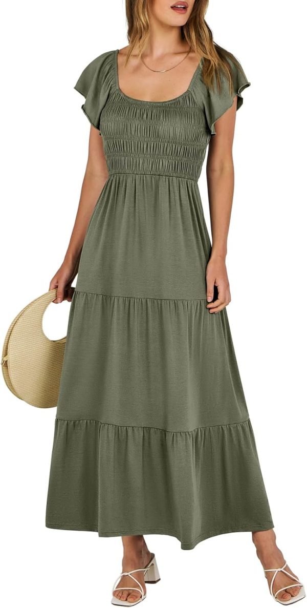 Saonta  Women's 2024 Summer Casual Maxi Dress Flutter Sleeve Scoop Neck Smocked Tiered A Line Flowy Beach Long Sun Dresses