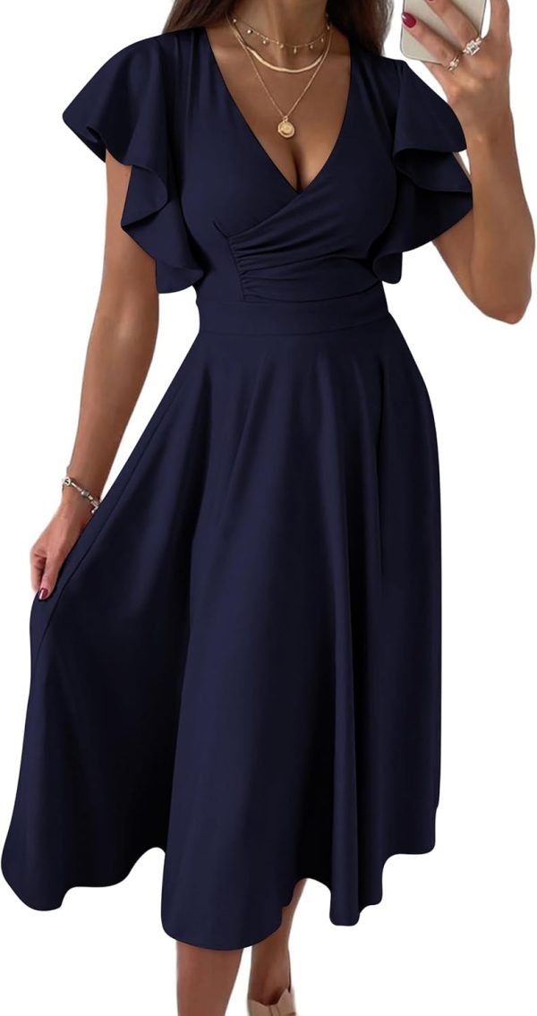 Saonta Womens 2024 Summer Midi Dress Ruffle Cap Sleeve V Neck Swing A Line Cocktail Party Dresses