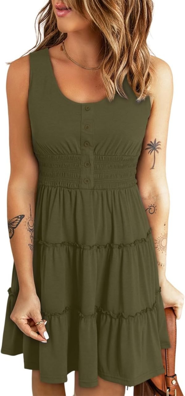 Saonta  Womens Summer Dresses 2024 Sleeveless Button Down Smocked Elastic Waist Ruffle Tiered Casual Swing Mini Dress