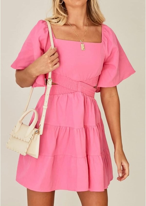 Shy Velvet Women's Summer Dress Square Neck Short Sleeves Crossover Waist Casual Party Mini Dress