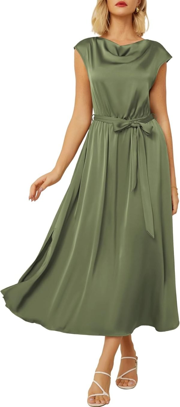 Saonta  KARIN Women's 2024 Satin Midi Dress Summer Cap Sleeve Cowl Neck Belted Slit Elegant A-Line Flowy Dress with Pockets