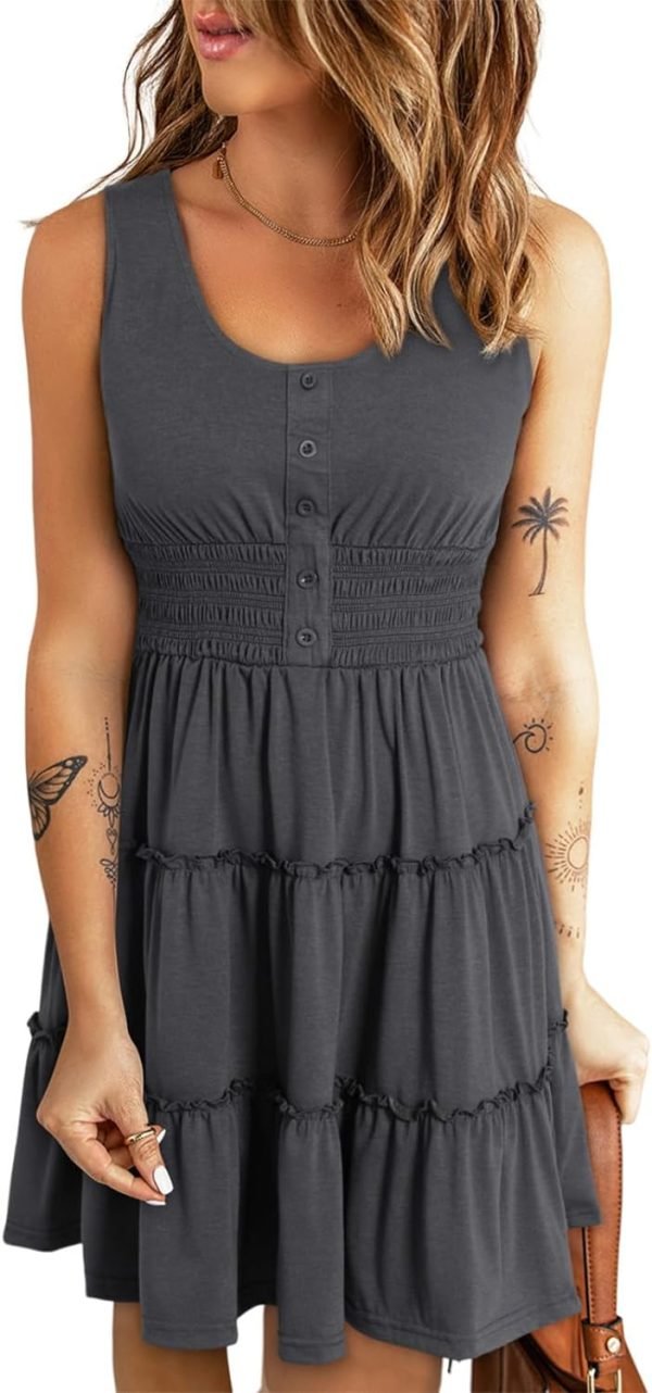 Saonta  Womens Summer Dresses 2024 Sleeveless Button Down Smocked Elastic Waist Ruffle Tiered Casual Swing Mini Dress