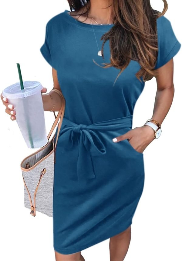 Saonta  Women's Summer Striped Short Sleeve T Shirt Dress Casual Tie Waist with Pockets