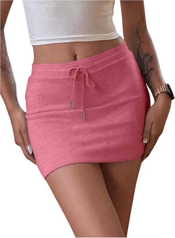 Saonta  Women's Drawstring Waist Bodycon Skirt Skinny Mini Length Casual Plain Skirts
