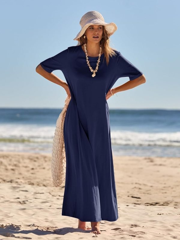 Saonta  Women's 2024 Summer Short Sleeve Maxi Dress Casual Crewneck Swing A Line Long T Shirt Dress with Pockets