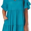 Saonta  Women's 2024 Summer Trendy V Neck Ruffle Short Sleeve A Line Tiered Flowy Casual Mini Beach Dress with Pockets