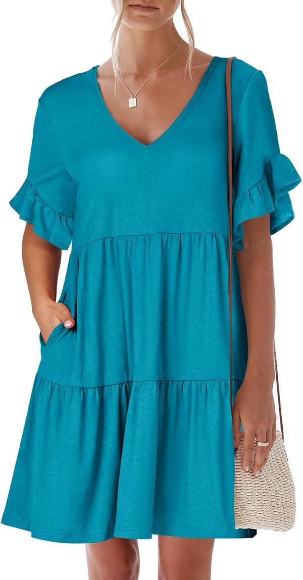 Saonta  Women's 2024 Summer Trendy V Neck Ruffle Short Sleeve A Line Tiered Flowy Casual Mini Beach Dress with Pockets