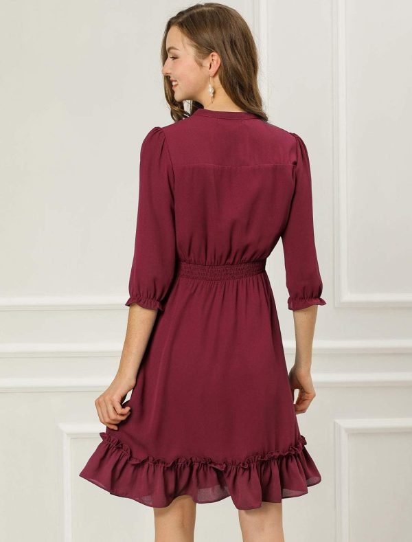 Saonta  K Women's Autumn Wedding Guest Dresses Ruffle Hem 3/4 Sleeve A-Line Smocked Short Chiffon Dress