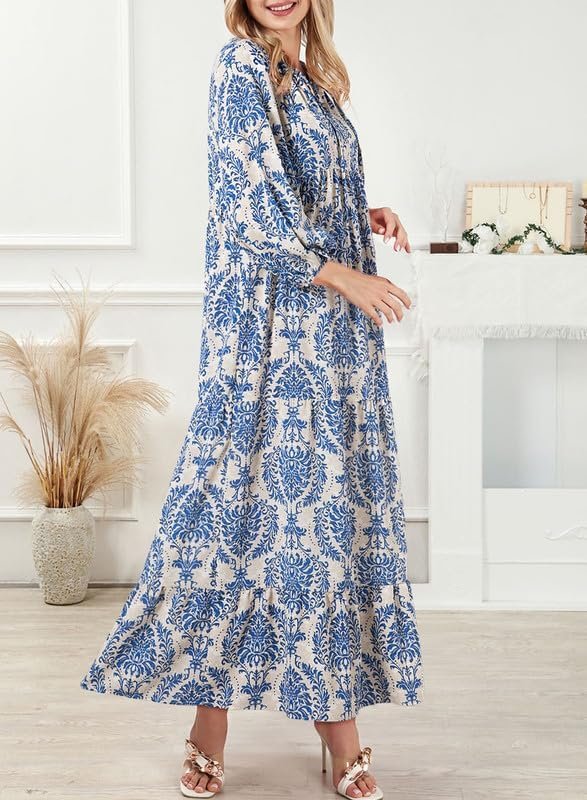 Saonta  Women Boho Maxi Dresses 2024 V Neck Long Puff Sleeve Smocked Ruffle Flowy Casual Dress