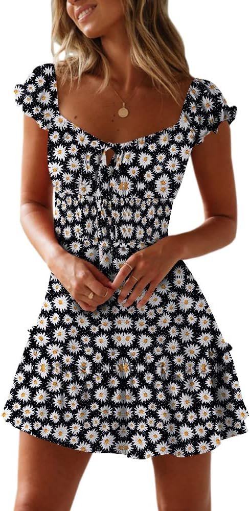 Saonta  Women's Summer Ruffle Sleeve Sweetheart Neckline Printing Dress Mini Dress