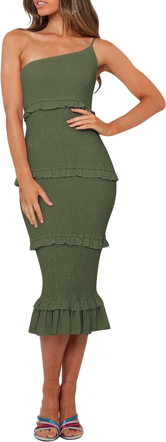 Saonta  Womens Floral Summer One Shoulder Strappy Tiered Ruffle Midi Bodycon Dresses