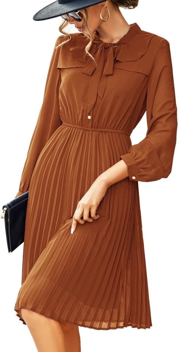 Saonta  Work Dresses for Women 2023 Long Sleeves Chiffon Black Dress Retro Pleated Buttons Down Bow Tie Loose Causal Dresses