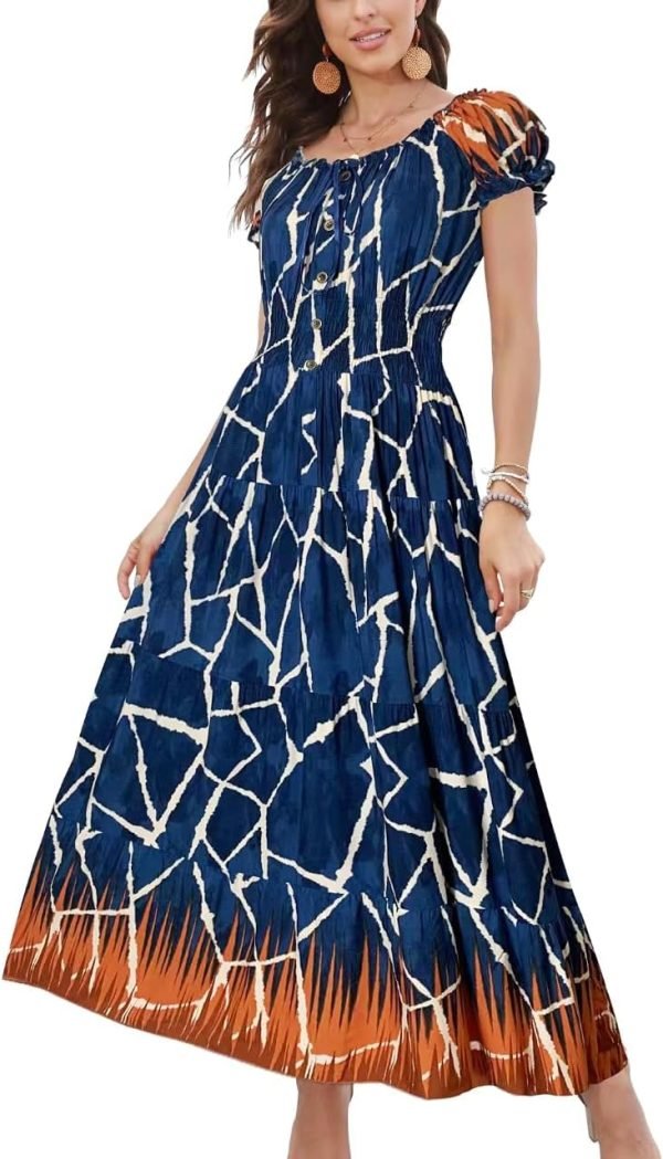 Saonta  Women's 2024 Summer Short Sleeves Boho Floral Print Tiered Casual Flowy Long Maxi Dress