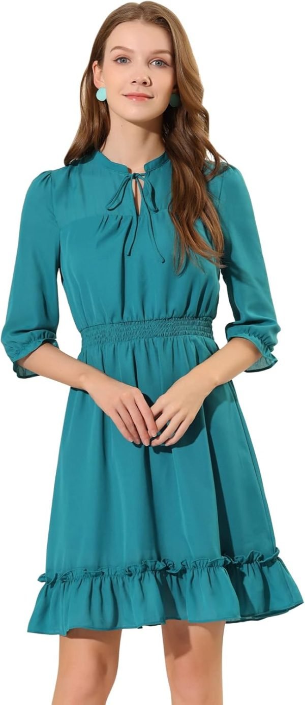 Saonta  K Women's Autumn Wedding Guest Dresses Ruffle Hem 3/4 Sleeve A-Line Smocked Short Chiffon Dress