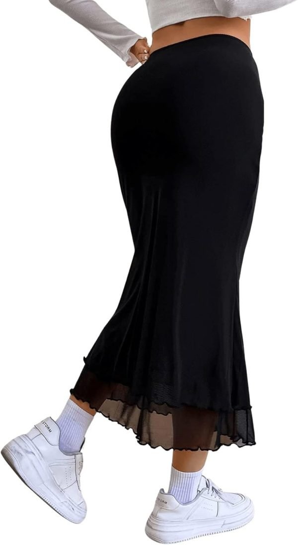 Saonta  Women's Lettuce Trim High Waist Mesh Fishtail Bodycon Long Skirt