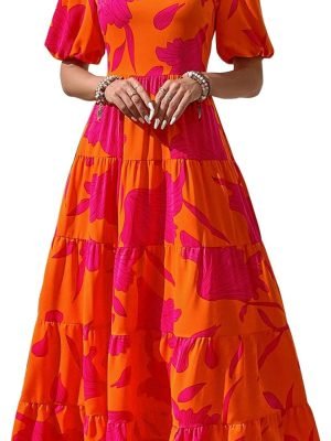 Saonta  Womens Dresses 2024 Puff Sleeve Floral Casual Summer Dresses Smocked Backless Beach Flowy Tiered Maxi Dress