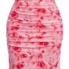 Saonta  Women's Floral Ruched Bodycon Midi Dress Mesh Sleeveless Fishtail Cami Dresses