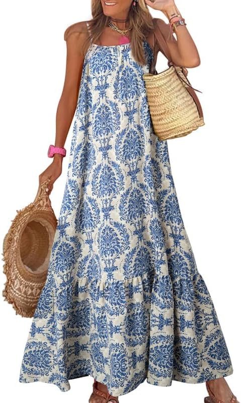 Saonta  Women Summer Dresses 2024 Spaghetti Strap Scoop Neck Smocked Ruffle Flowy Boho Maxi Dress