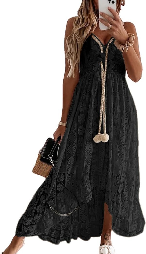 Saonta  Women's Maxi Dress Lace Dresses Boho Tassel V-Neck Flare Ruffle Adjustable Straps Beach Summer Long Dress