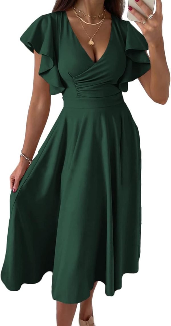 Saonta Womens 2024 Summer Midi Dress Ruffle Cap Sleeve V Neck Swing A Line Cocktail Party Dresses