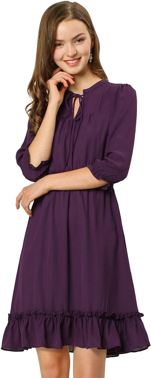 Saonta  K Women's Autumn Wedding Guest Dresses Ruffle Hem 3/4 Sleeve A-Line Smocked Short Chiffon Dress