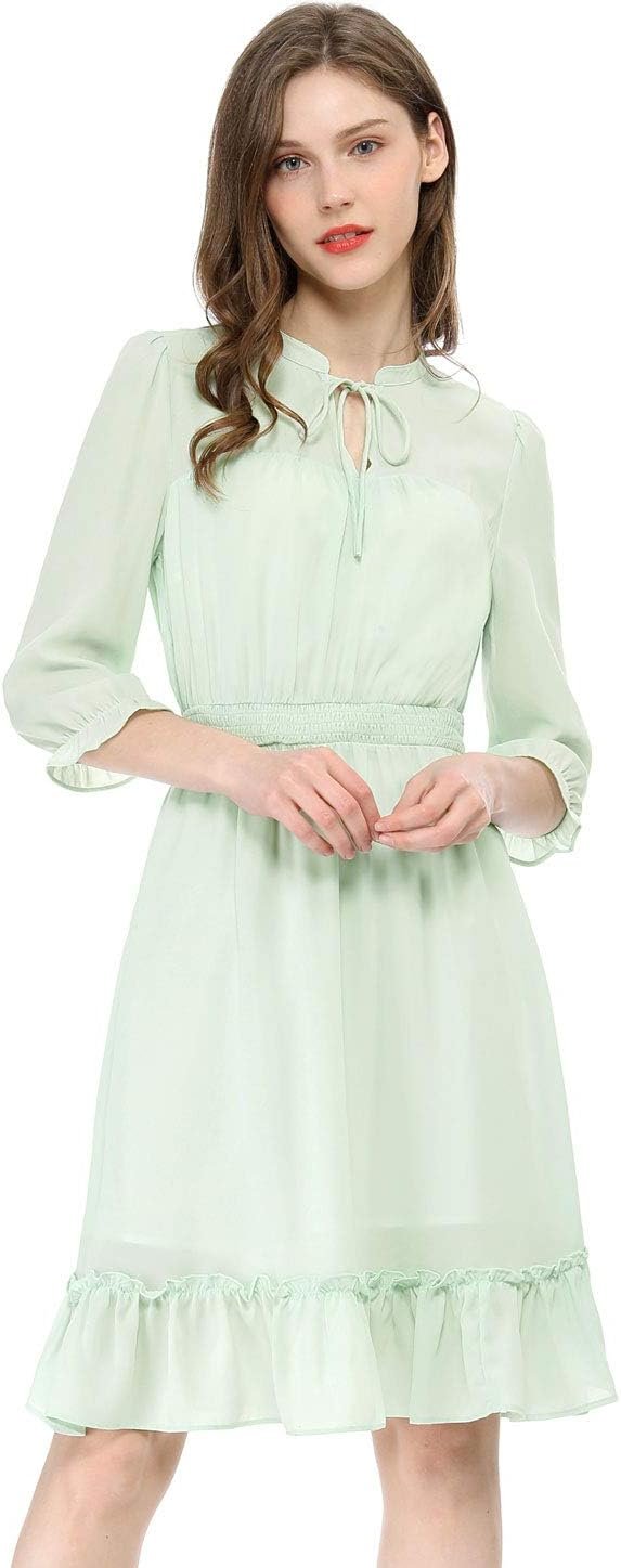 Saonta  K Women's Autumn Wedding Guest Dresses Ruffle Hem 3/4 Sleeve A-Line Smocked Short Chiffon Dress