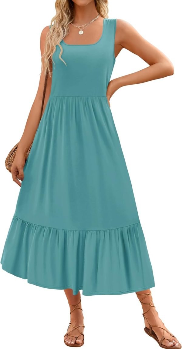 Saonta Women's 2024 Summer Sleeveless Dress Square Neck Pleated Swing Casual Maxi Dresses with Pockets