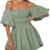Saonta  Womens Off The Shoulder Summer Dresses 2024 Short Lantern Sleeve Ruffle Elastic Waist A-Line Casual Mini Dress