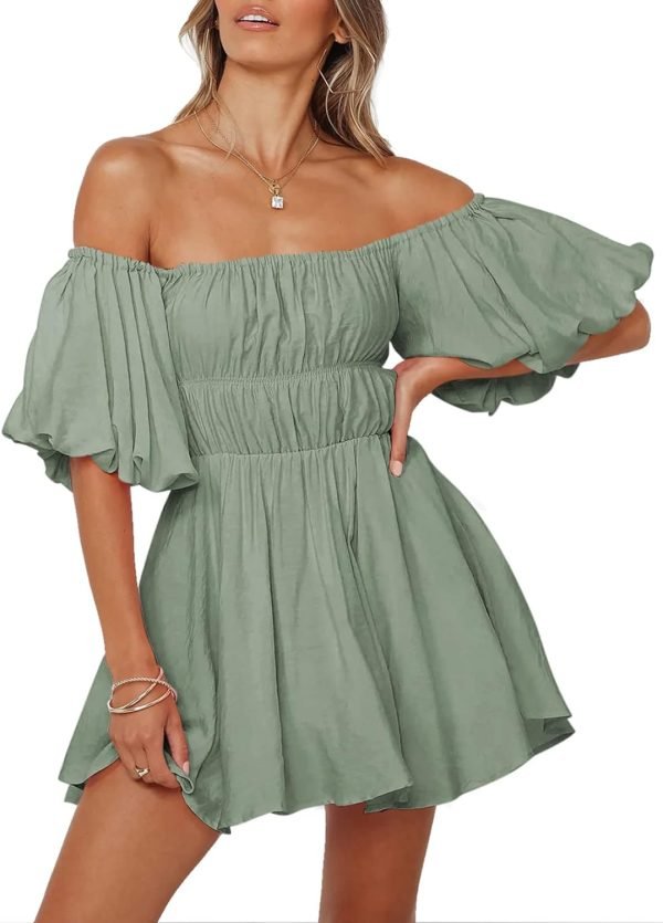 Saonta  Womens Off The Shoulder Summer Dresses 2024 Short Lantern Sleeve Ruffle Elastic Waist A-Line Casual Mini Dress