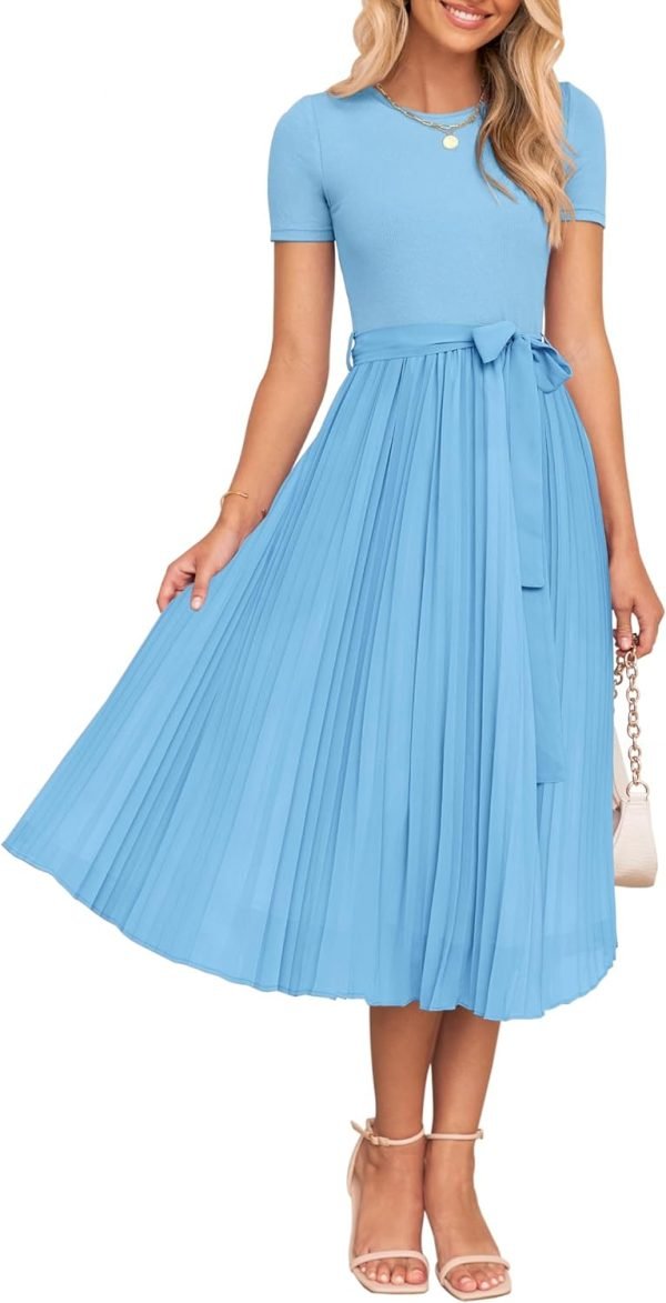Saonta Womens Summer Short Sleeve Midi Dresses Spring Casual Crew Neck Knit Belted Pleated A Line Flowy Wedding Guest Dress