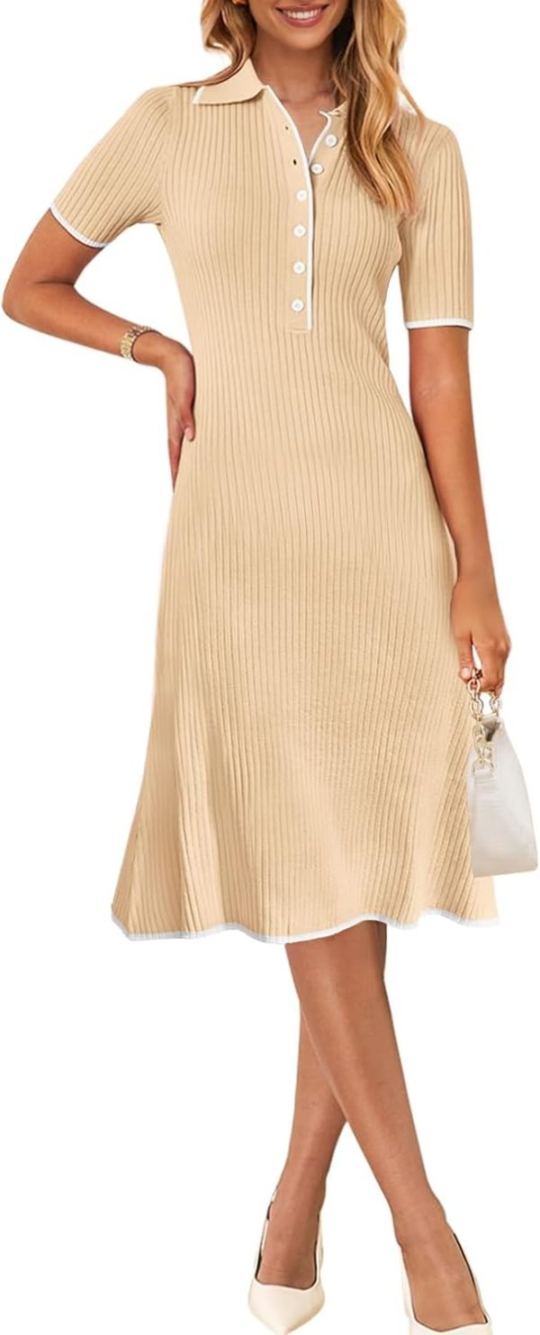 Saonta  Women's V Neck Ribbed Knit Midi Dress Short Sleeve Button Elegant Bodycon Sweater Dresses