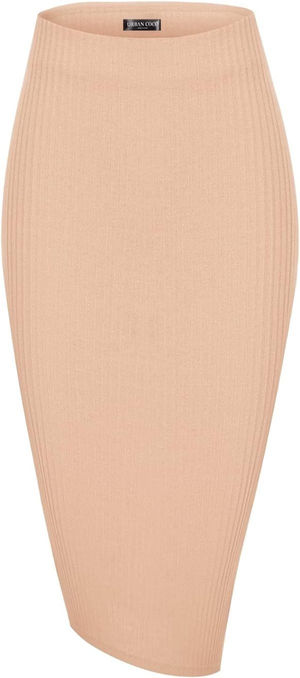Saonta  Elastic High Waist Knee Length Pencil Skirt Ribbed Knit Basic Tube Midi Skirt