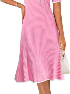 Saonta  Women's V Neck Ribbed Knit Midi Dress Short Sleeve Button Elegant Bodycon Sweater Dresses