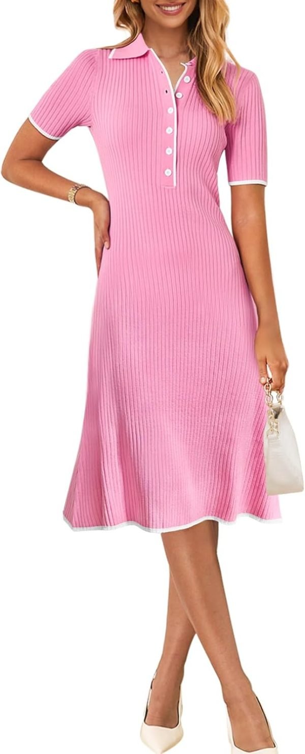 Saonta  Women's V Neck Ribbed Knit Midi Dress Short Sleeve Button Elegant Bodycon Sweater Dresses