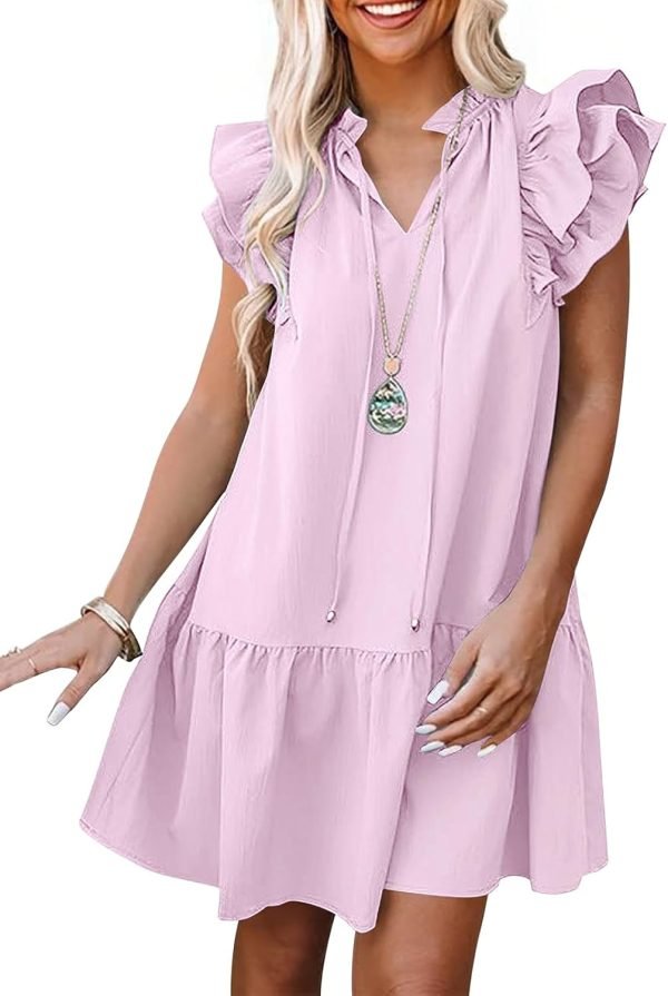 Saonta  Womens Summer V-Neck Drawstring Ruffle Cap Short Sleeve Casual Shift Mini Dress with Pockets