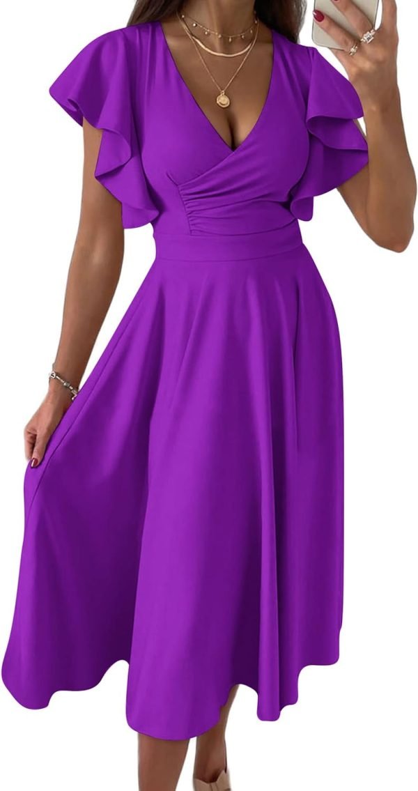 Saonta Womens 2024 Summer Midi Dress Ruffle Cap Sleeve V Neck Swing A Line Cocktail Party Dresses