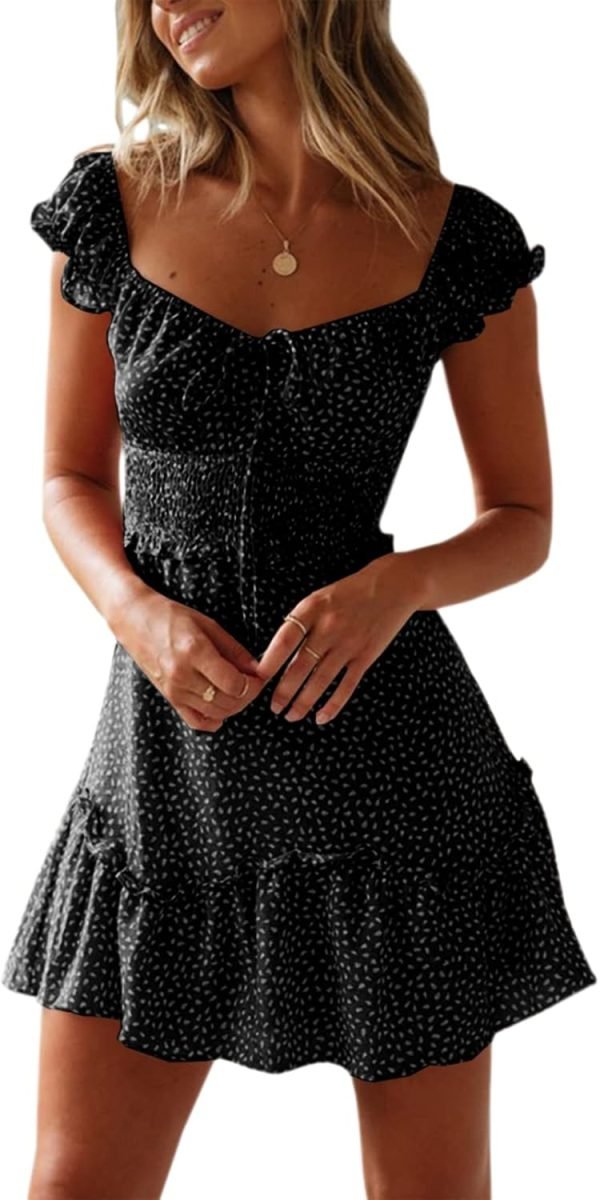 Saonta  Women's Summer Ruffle Sleeve Sweetheart Neckline Printing Dress Mini Dress