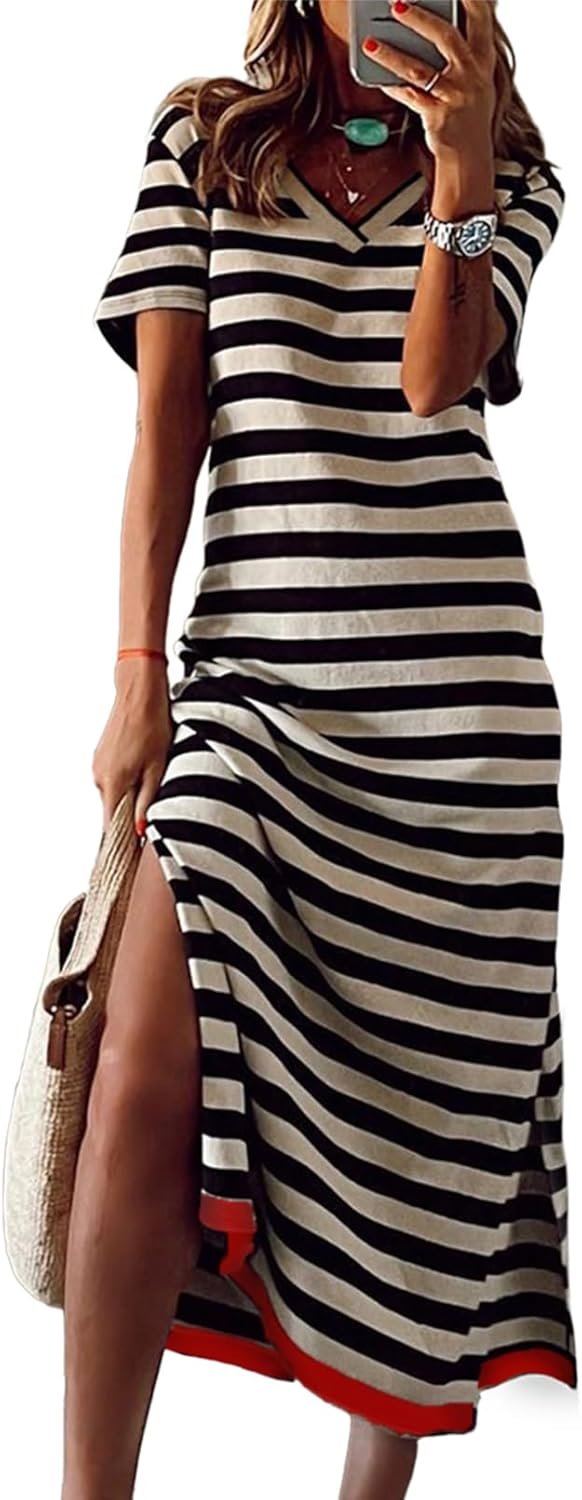 Saonta  Summer Dress Casual Womens Fashion Short Sleeve Maxi Dress T Shirt Dress Striped Long Color Block Maxi Dress