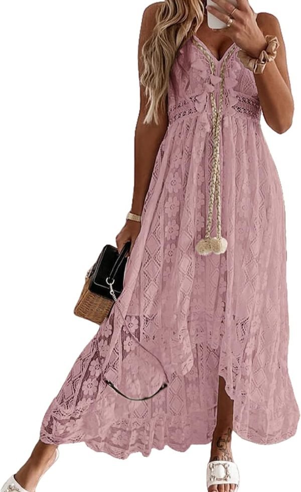 Saonta  Women's Maxi Dress Lace Dresses Boho Tassel V-Neck Flare Ruffle Adjustable Straps Beach Summer Long Dress