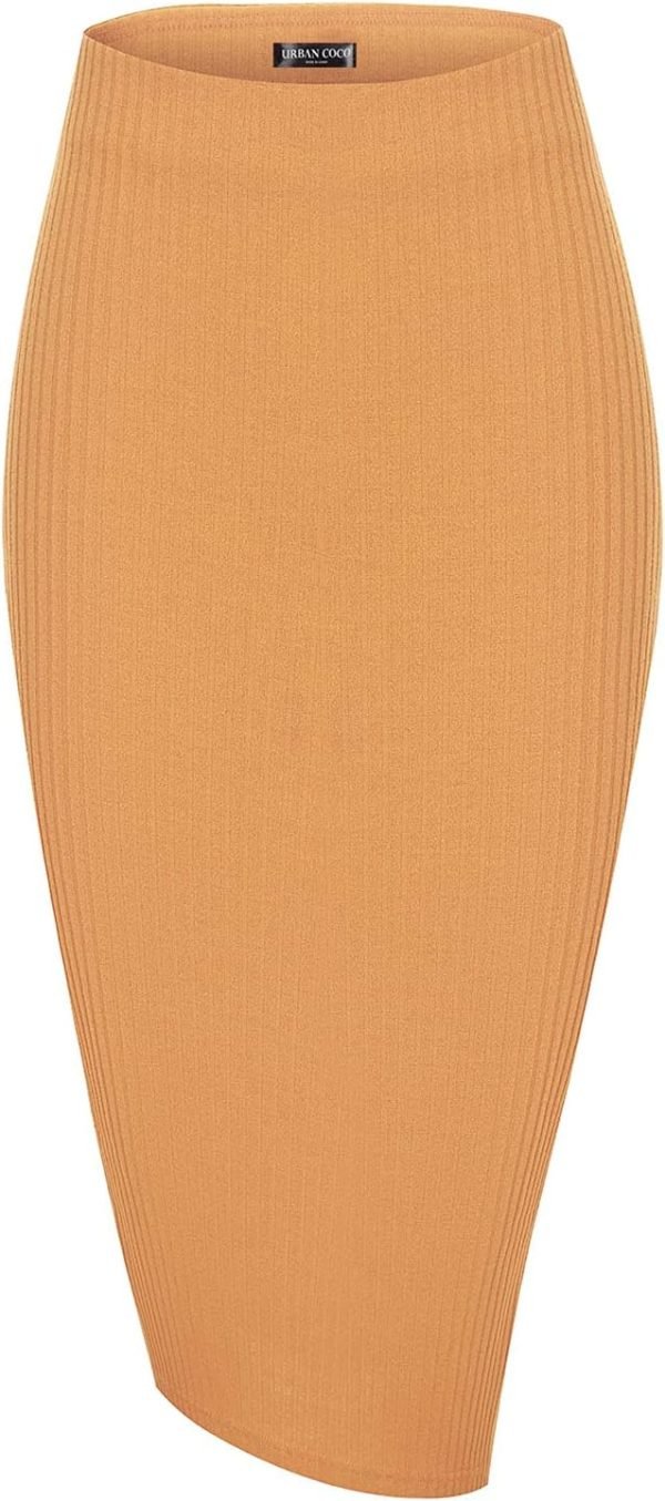 Saonta  Elastic High Waist Knee Length Pencil Skirt Ribbed Knit Basic Tube Midi Skirt