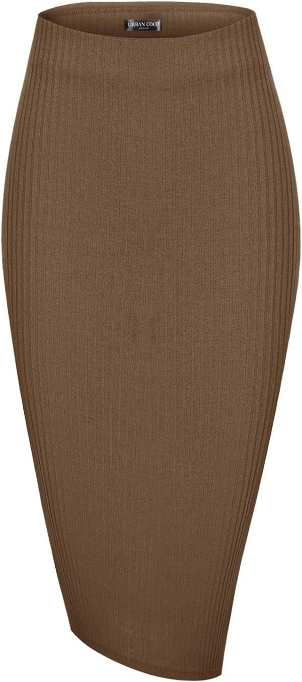 Saonta  Elastic High Waist Knee Length Pencil Skirt Ribbed Knit Basic Tube Midi Skirt