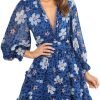 Saonta  Womens 2024 Spring Summer Deep V Neck Ruffle Floral Flowy Mini Dress