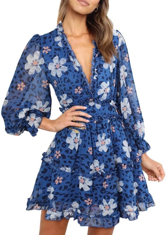 Saonta  Womens 2024 Spring Summer Deep V Neck Ruffle Floral Flowy Mini Dress
