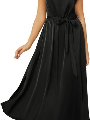 61ws4WeYpPL._AC_SL1500 Saonta KARIN Women's 2024 Satin Midi Dress Summer Cap Sleeve Cowl Neck Belted Slit Elegant A-Line Flowy Dress with Pockets
