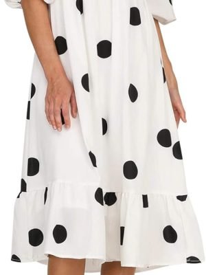 Saonta  Women's Summer Cotton Puff Sleeves Casual Vintage Polka Dots Print Off Shoulder Midi Dress