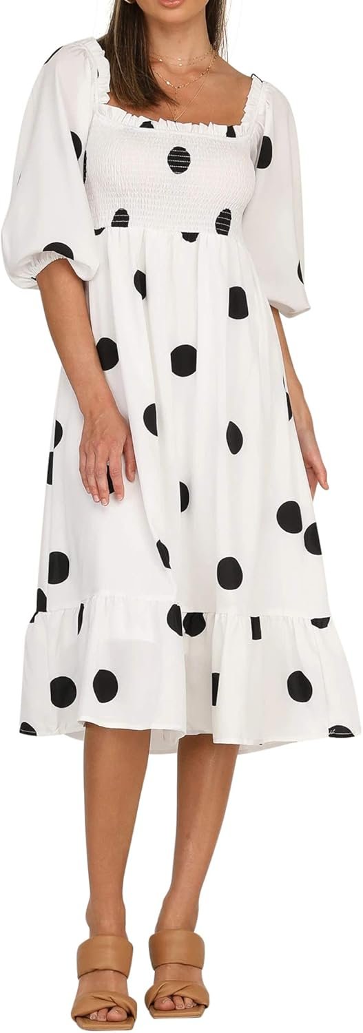 Saonta  Women's Summer Cotton Puff Sleeves Casual Vintage Polka Dots Print Off Shoulder Midi Dress