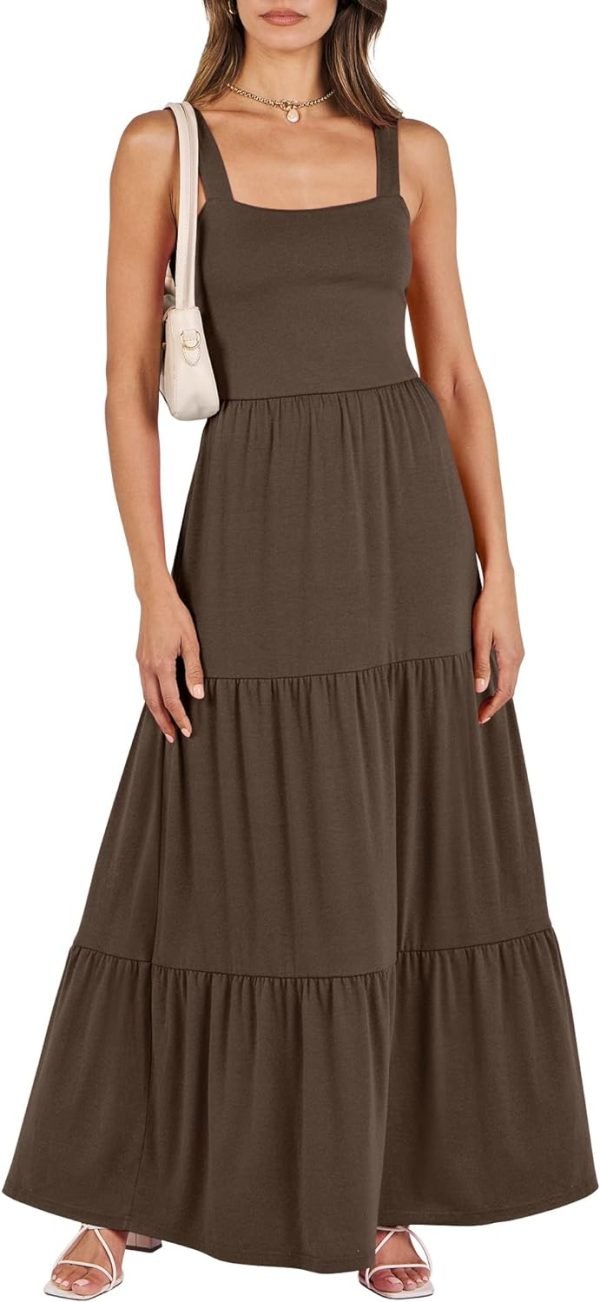Saonta  Women's Summer Casual Long Maxi Beach Vacation Dresses Sleeveless Square Neck Flowy Tiered Sun Dress with Pockets