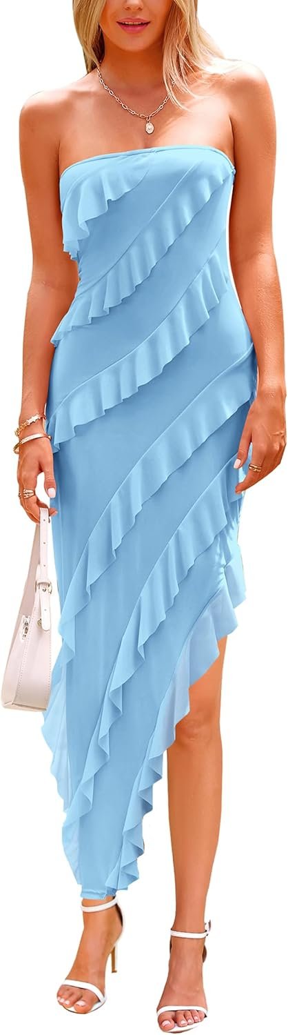 Saonta Womens Strapless Tube Asymmetrical Ruffle Maxi Bodycon Dress
