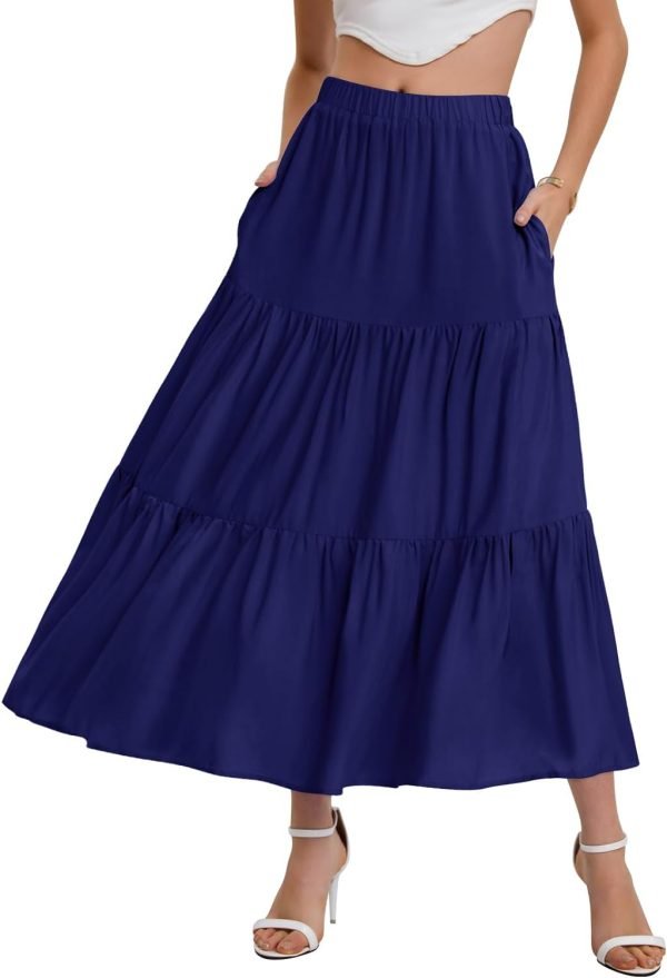 Saonta  Women??s Summer Boho Elastic Waist A-Line Beach Flowy Swing Ruffle Hem Tiered Maxi Skirt with Pockets